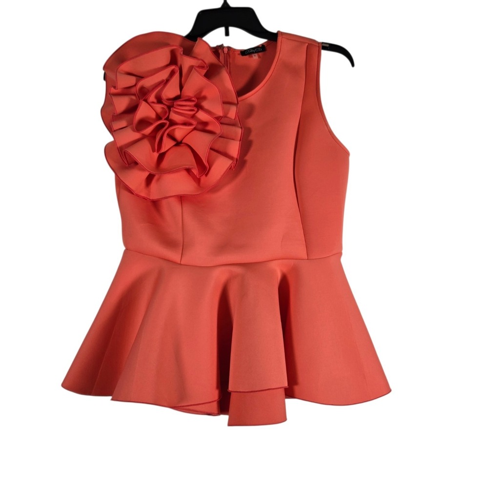 CQ by CQ Peplum Blouse Womens XL Coral Pink Scuba Knit Sleeveless Rosette Front